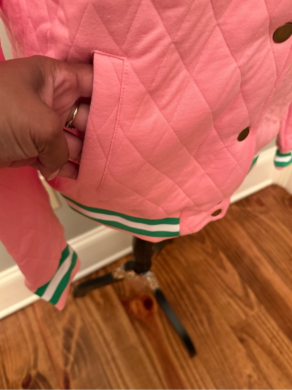 Women’s Pink AKA Quilted Bomber Jacket with Green/white Stripe Trim - Picture 5 of 6